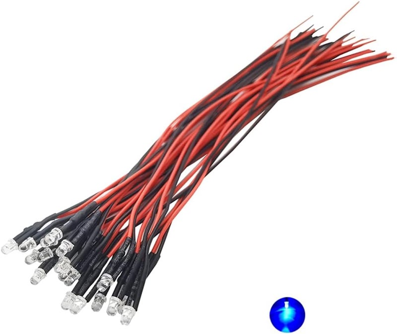 Vrabocry 20pcs 12 Volt 3mm Pre Wired Blue Blinking LED Lights Emitting Diodes 1.5Hz Single Color Flashing 7.9 inch DC 12v LED Light Clear Lens Small LED Lamps DIY Lighting Projects - Image 1